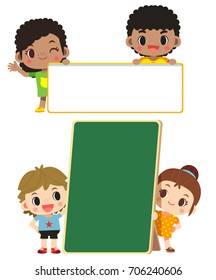 Vector set of cute kids, boys and girls holding blank message board isolated on white background.