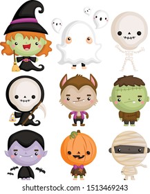 A Vector Set of Cute Kids in Halloween Character Costumes