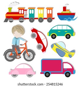 vector set of cute kids transportation element design