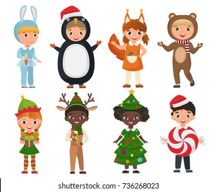 Vector Set Of Cute Kids Wearing Christmas Clothes Costumes.