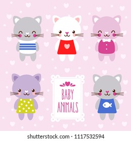 Vector set with cute kittens in cartoon style. Illustration in a children's style with animals on a pink background. and place under the text.