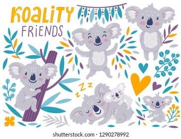 Vector set of cute koala bears. Funny cartoon characters are isolated on white background. Summer kids print. Koala's cub.