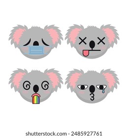 Vector set of cute Koala emoji faces with various expressions. Isolated on white background