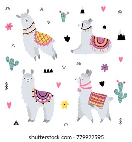 Vector set with cute lamas and decorative elements.