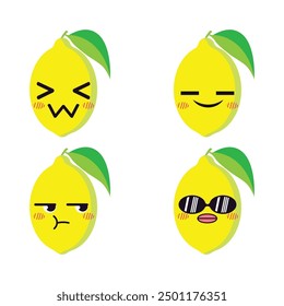 Vector conjunto de emojis de fruta de limón lindo. Aislado sobre fondo blanco. Caricatura kawaii sonriendo limones.