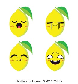 Vector set of cute Lemon fruit emojis. Isolated on white background. Kawaii cartoon smiling Lemons.