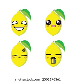 Vector set of cute Lemon fruit emojis. Isolated on white background. Kawaii cartoon smiling Lemons.