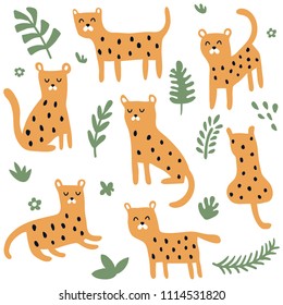 vector set of cute leopards in different poses, green jungle leaves