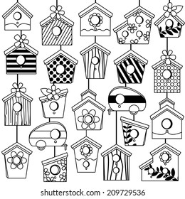 Vector Set of Cute Line Art Birdhouses