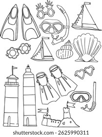 vector set of cute linear elements vacation on the coast graphics coloring
