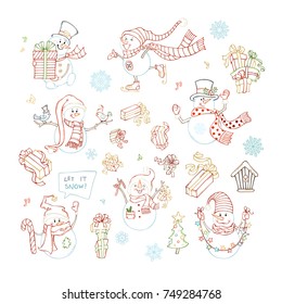 Vector set of cute linear snowmen. Snowmen with skate, candy cane, gifts, garland, and birds. Christmas tree, music notes, birdhouse, snowflakes and music notes. Colourful outlined illustrations.