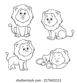 conjunto vectorial de tiras cómicas de león astronadas en blanco. ilustración en blanco y negro. Colores de páginas para niños.