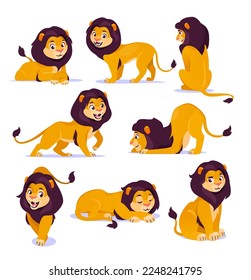 Vector set of cute lion characters in cartoon style isolated on white background. Feline animal collection with different facial expressions and different poses. Adorable drawing for kids.