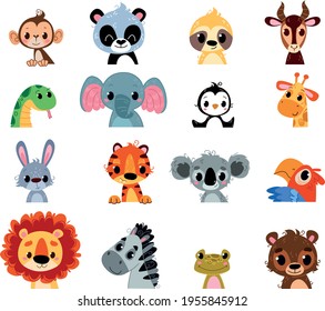 Vector set of cute little animals. African baby beasts avatar. Kids characters for room,. Lion, Panda, Monkey, Elephant, Sloth, Koala, etc. print, clothes, postcard, zoo logo or banner. Clipart fun