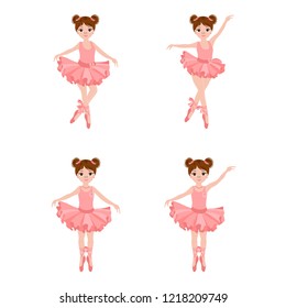 Vector set with cute little ballerinas in pink dresses, bows and ballet shoes. Vector illustration.