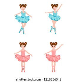 Vector set with cute little ballerinas in pink and blue dresses, bows and ballet shoes. Vector illustration.