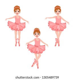 Vector set with cute little ballerinas in pink tutu, bows and ballet shoes. Vector illustration.