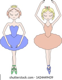 Vector set with cute little ballerinas, bows and ballet shoes. Vector little ballerinas in pink and blue tutu dresses. Ballerinas vector illustration 