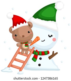 A vector set of cute little bear making snowman in christmas costume