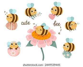 Vector set with cute little bee. Easter concept