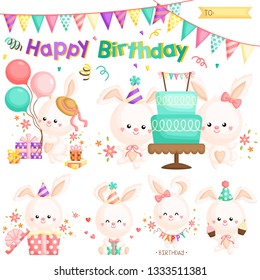 A Vector Set of Cute Little Bunny Celebrating Birthday with lots of Gifts and Cakes