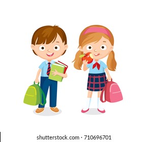 Vector set of cute little children kids pupils girl and boy standing with books and backpacks in school uniform, neckties. Cartoon characters for book illustration.Girl with ponytails eating apple