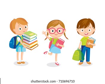 Vector set of cute little children kids piples girl and boys standing with books and backpacks in school uniform. Cartoon characters for book illustration isolated.Girl in glasses wave with her hand.