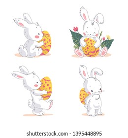 Vector set of cute little Easter bunny with easter eggs isolated on white background. Hand drawn style. For easter egg hunt banners, posters, holiday placards, cards, flayers templates etc.