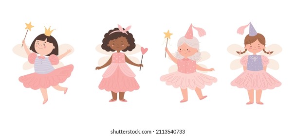 Vector set of cute little fairies and princesses with magic wands in pink and lilac dresses. Isolated on white background.