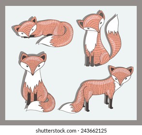 Vector set of cute little fox. Adorable forest animals.