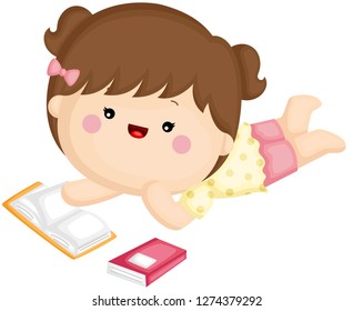 A vector set of a cute little girl laying down and reading book happily