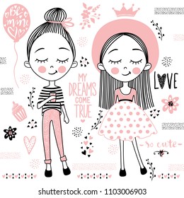 Vector set with cute little girls. Fashion kids. Cartoon girlfriend. Sketch style. Summer illustration. Line art. Naive art.