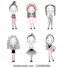 Vector set with cute little girls. Fashion kids. Cartoon girlfriend. Sketch style. Summer illustration. Line art. Naive art.