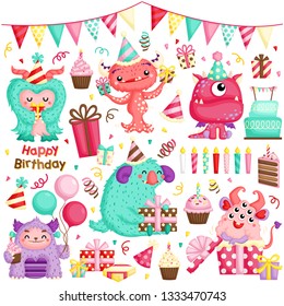 A Vector Set of Cute Little Girly Monster Celebrating Birthday with lots of Gifts and Cakes
