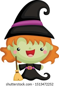 A Vector Set of Cute Little Halloween Witch Holding Broom