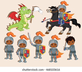 Vector set of cute little knights and a dragon with a flag.