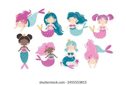 Vector set with cute little mermaids. Hand drawn illustration with girls mermaids on white background. Princesses. Ocean. Sea. Underwater. Isolated on white. Baby girl. Pink.