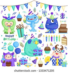 A Vector Set of Cute Little Monster Celebrating Birthday with lots of Gifts and Cakes