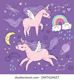 Conjunto de Vector de pequeños unicornios y Elementos mágicos rosados lindos. Ilustración de dibujo de mano de Vector sobre fondo púrpura. Estampado para camiseta para niños