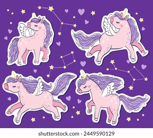 Vector set of cute little pink magical unicorns. Vector hand drawing illustration on purple background. Print for t-shirt for children