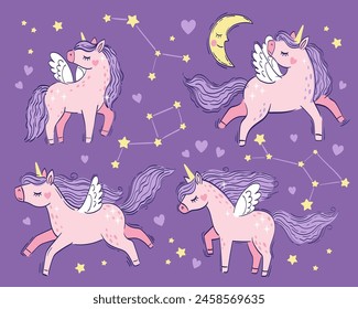 Vector conjunto de pequeños unicornios mágicos rosados lindos. Ilustración de dibujo de mano de Vector sobre fondo púrpura. Estampado para camiseta para niños