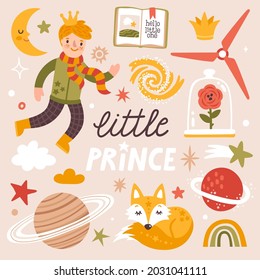 Vektorset mit süßem kleinen Prinz, schlafender Fuchs, Mond, Sterne, Planeten. Fantasy Icon Sammlung mit Cartoon-Charaktere und handgeschriebenen Text 'Little Prince'. Märchenhaftes Kinderposter mit Jungen und Fuchs.