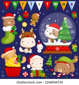 A vector set of cute little puppy in various poses and costume for christmas celebration