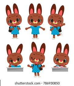 vector set of cute little rabbit girl character in different actions isolated on white background.