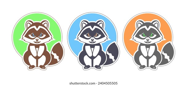 Vector set of cute little raccoons. Collection of stickers of beautiful forest animals. White isolated background.