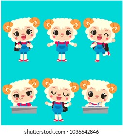vector set of cute little sheep girl character in different actions isolated on white background.