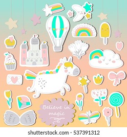 Vector set of cute little unicorn, rainbow, stars, flowers, castle, ice-cream, magic wand, diamond, butterfly, cupcake, wings in cartoon style. Patch badges, stickers, pins for girls