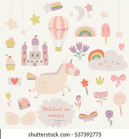Vector set of cute little unicorn, rainbow, stars, flowers, castle, ice-cream, magic wand, diamond, butterfly, cupcake, wings in cartoon style. Patch badges, stickers, pins for girls