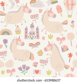 Vector set of cute little unicorn, rainbow, stars, flowers, castle, ice-cream, magic wand, diamond, butterfly, cupcake, wings in cartoon style