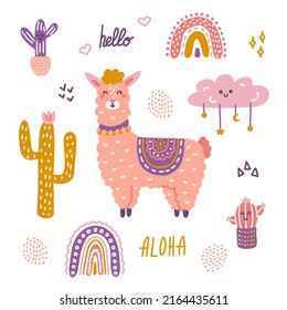 Vector set with cute llama, cacti and other decorative elements in hand drawn style. Perfect for postcards, posters, stickers and invitations